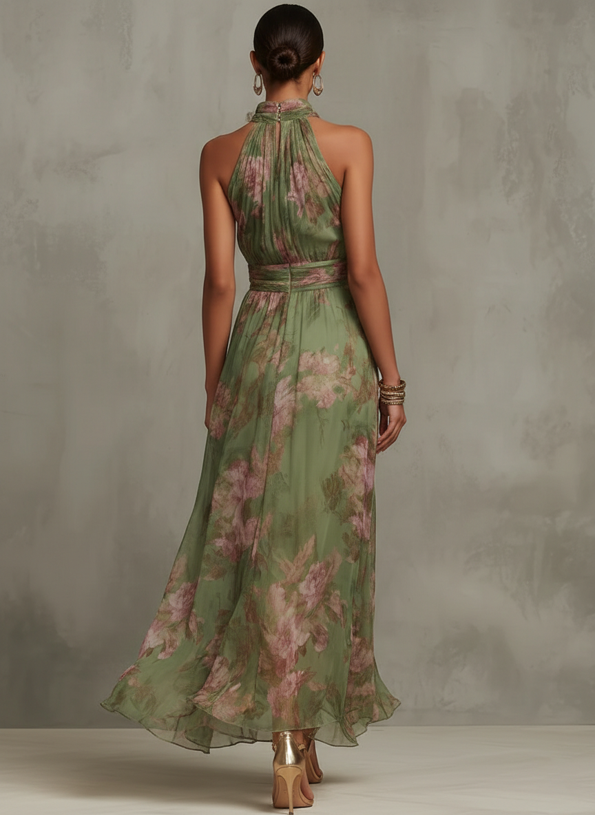 Elegant Green Floral Maxi Dress for Women with Halter Neck Sleeveless Ruched Waist Formal Wedding Guest Style