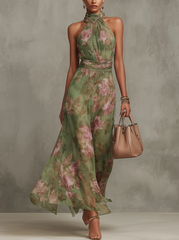 Elegant Green Floral Maxi Dress for Women with Halter Neck Sleeveless Ruched Waist Formal Wedding Guest Style