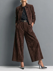 Elegant Dark Brown Suedette Jacket Two Piece Set for Women with Collar Long Sleeve Wide Leg Pant Tailored Style