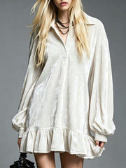 Elegant Velvet Mini Dress for Women with Collared V Neck Lantern Sleeve Ruffled Hem Style