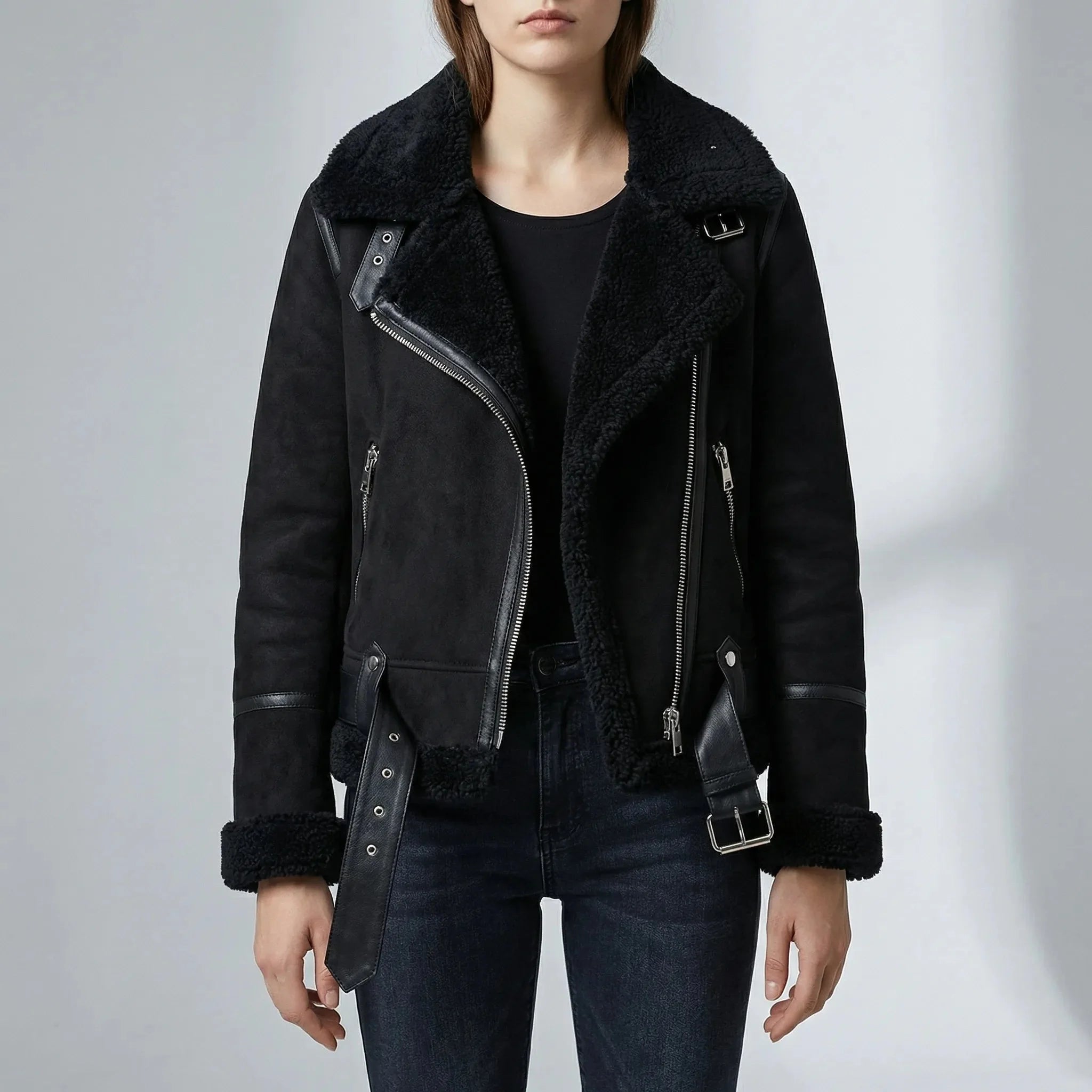Women's Faux Shearling Aviator Moto Jacket Biker Zip Sherpa-Lined Faux Leather Trim Belted Collar
