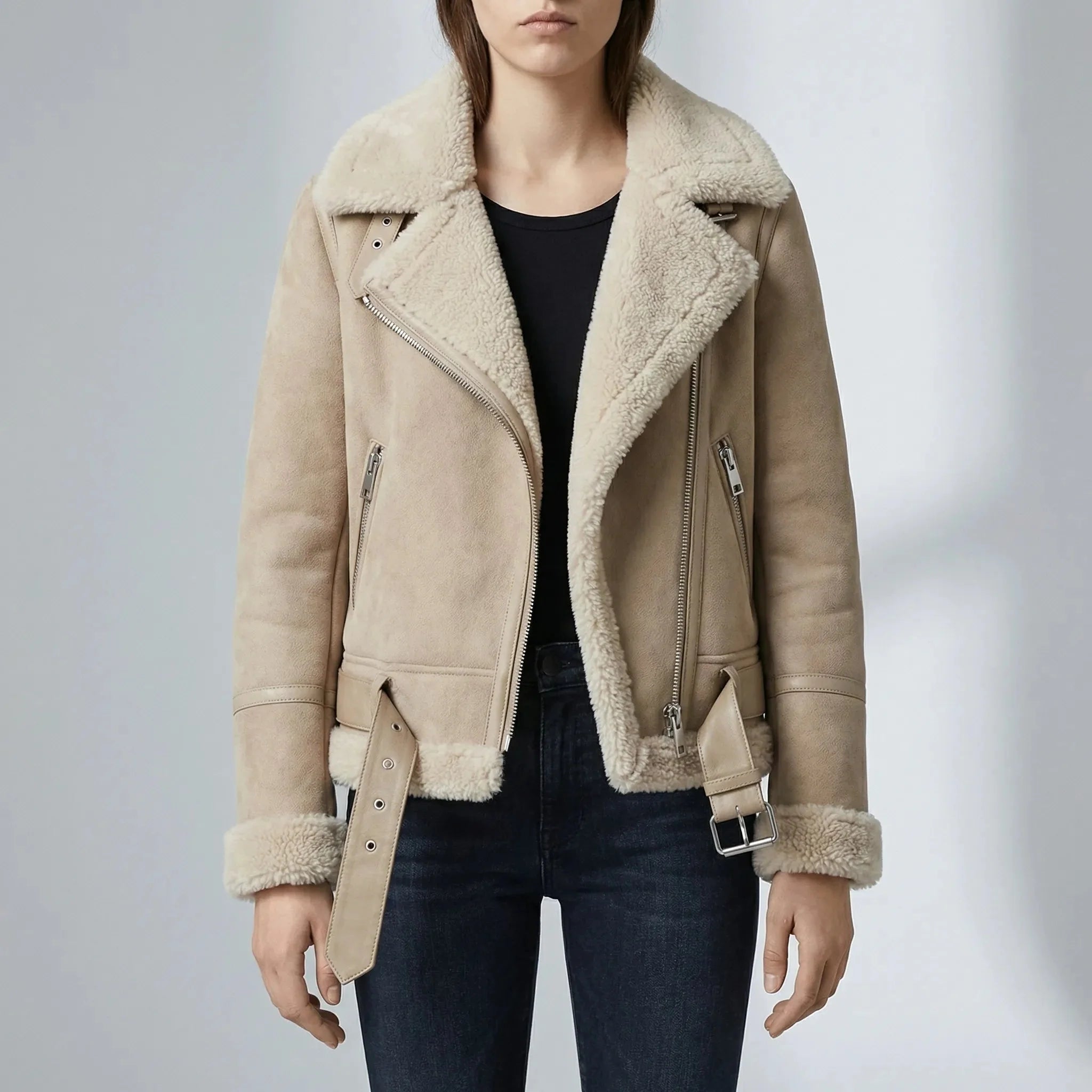 Women's Faux Shearling Aviator Moto Jacket Biker Zip Sherpa-Lined Faux Leather Trim Belted Collar