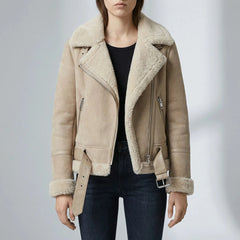 Women's Faux Shearling Aviator Moto Jacket Biker Zip Sherpa-Lined Faux Leather Trim Belted Collar