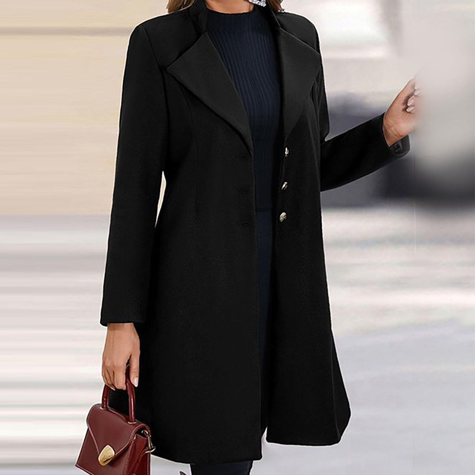 Elegant Wool Winter Coat for Women with Notched Lapel Long Sleeve Button Front Tailored Style