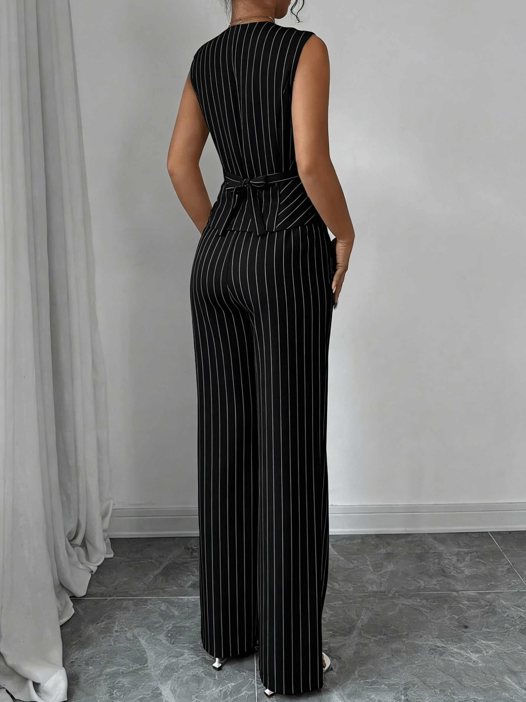 Elegant Grey Pinstripe Chino Pants Two Piece Set for Women with V Neck Button Front Vest Formal Style