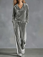 Cozy Velvet Sweatsuit for Women with Cowl Neck Long Sleeve Drawstring Side Stripe Relaxed Style