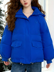 Cozy Blue Puffer Ski Jacket for Women with Hooded Long Sleeve Oversized Flap Pocket Casual Style