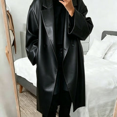 Effortless Black Faux Leather Trench Coat for Women with Notched Lapel Long Sleeve Oversized Double Breasted Style