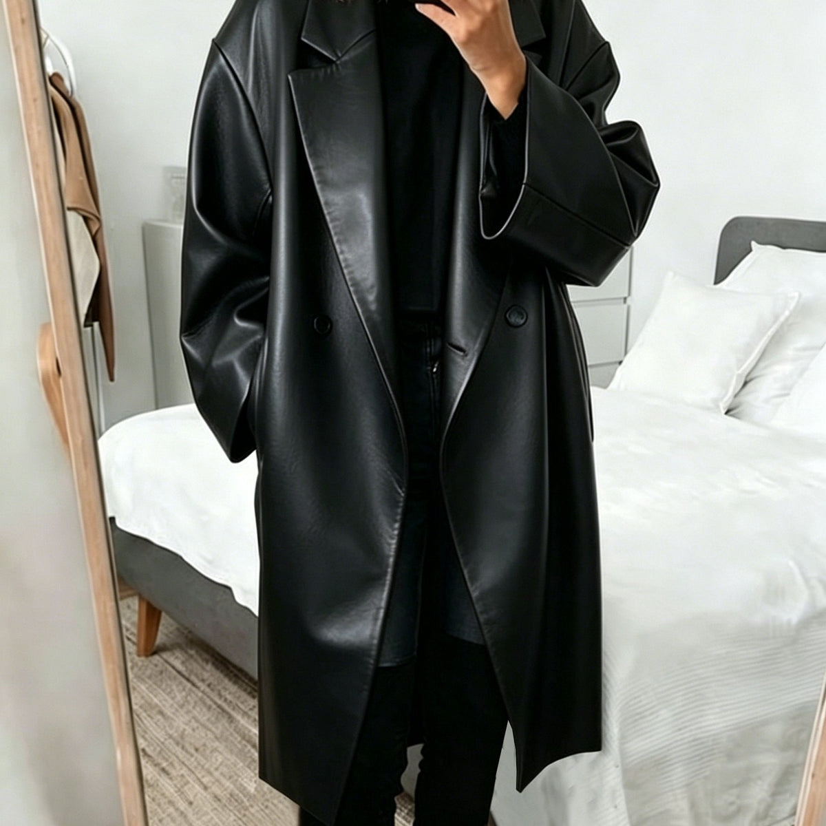 Effortless Black Faux Leather Trench Coat for Women with Notched Lapel Long Sleeve Oversized Double Breasted Style