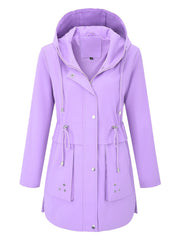 Sleek Hooded Rainwear Jacket for Women with Drawstring Waist Zip Front Windbreaker Outdoor Style