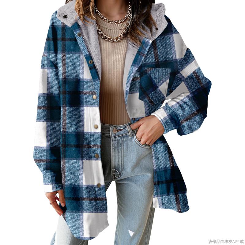 Cozy Plaid Shacket for Women with Hooded Collar Long Sleeve Sherpa Lined Flannel Oversized Style