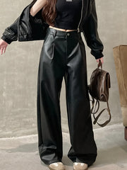 Sleek Black Leather Slacks for Women with High Waist Wide Leg Pleated Relaxed Style