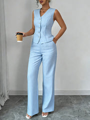 Elegant Grey Pinstripe Chino Pants Two Piece Set for Women with V Neck Button Front Vest Formal Style