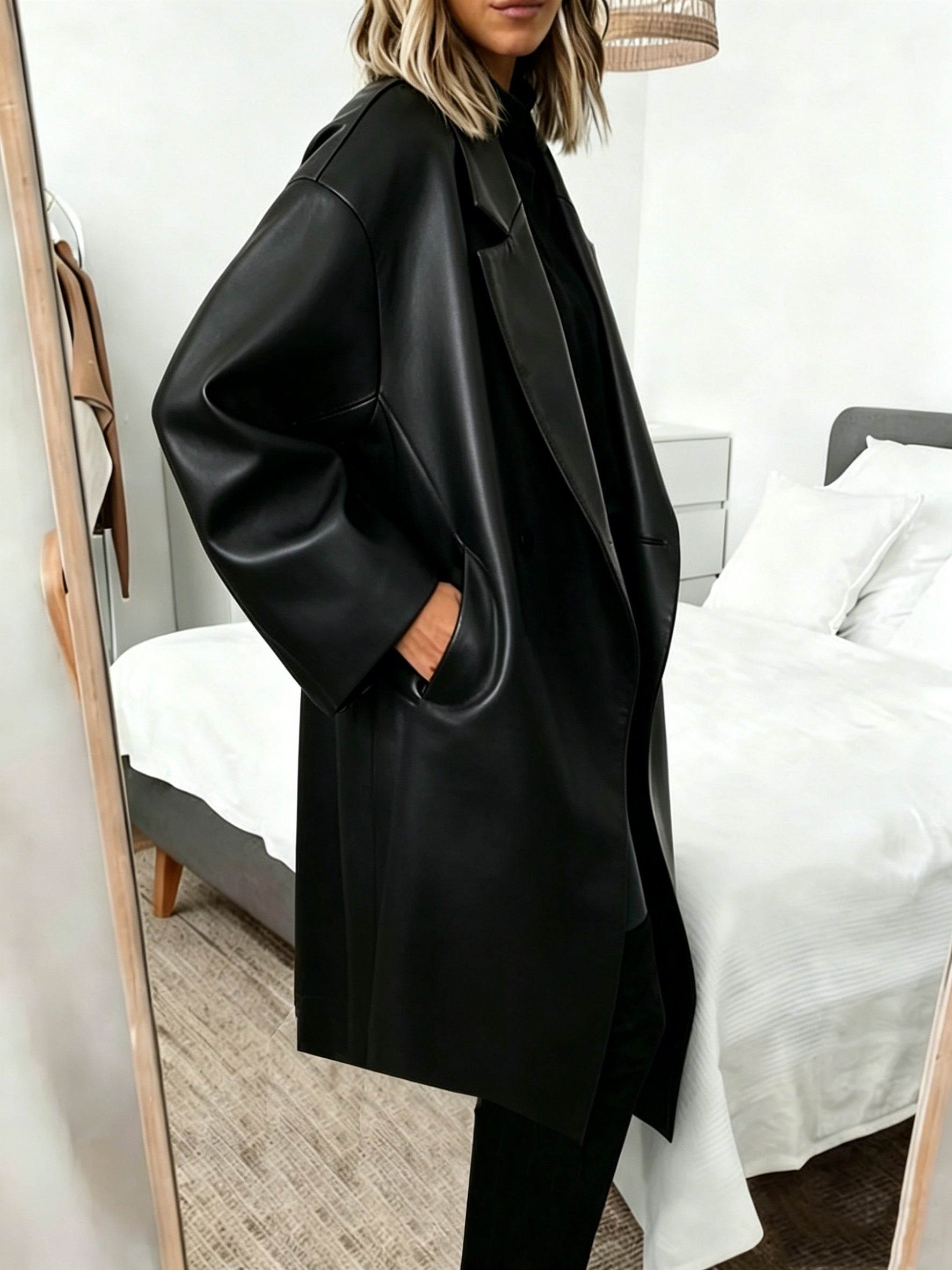 Effortless Black Faux Leather Trench Coat for Women with Notched Lapel Long Sleeve Oversized Double Breasted Style