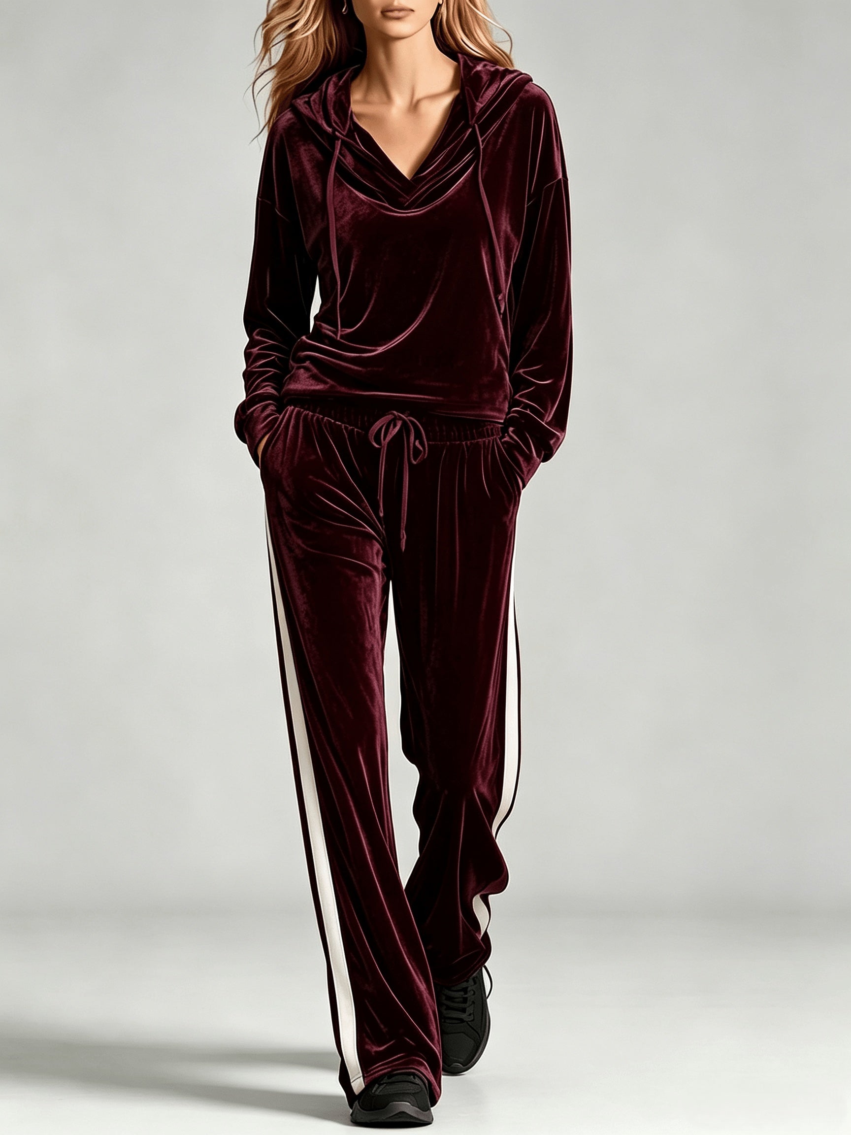 Cozy Velvet Sweatsuit for Women with Cowl Neck Long Sleeve Drawstring Side Stripe Relaxed Style