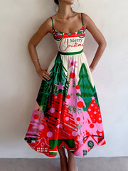 Elegant Festive Print Christmas Party Dress for Women with Scoop Neck Spaghetti Strap A Line Holiday Style