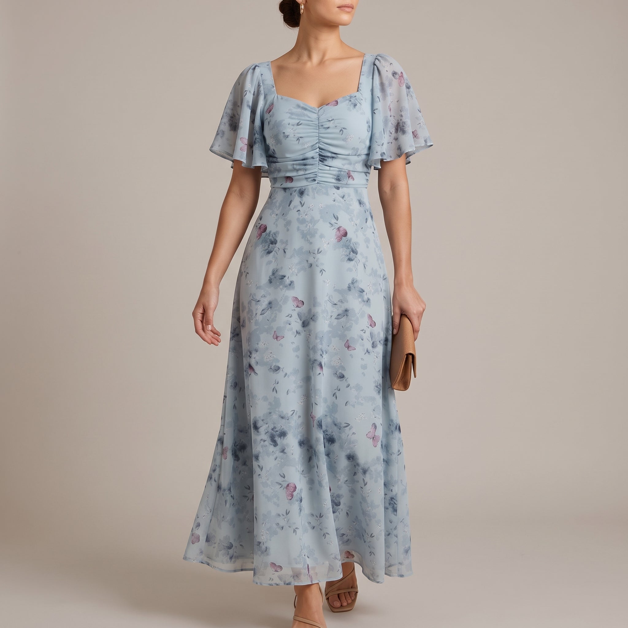 Elegant Floral Chiffon Fall Wedding Guest Dress for Women with Sweetheart Neck Flutter Sleeve Ruched Maxi Style