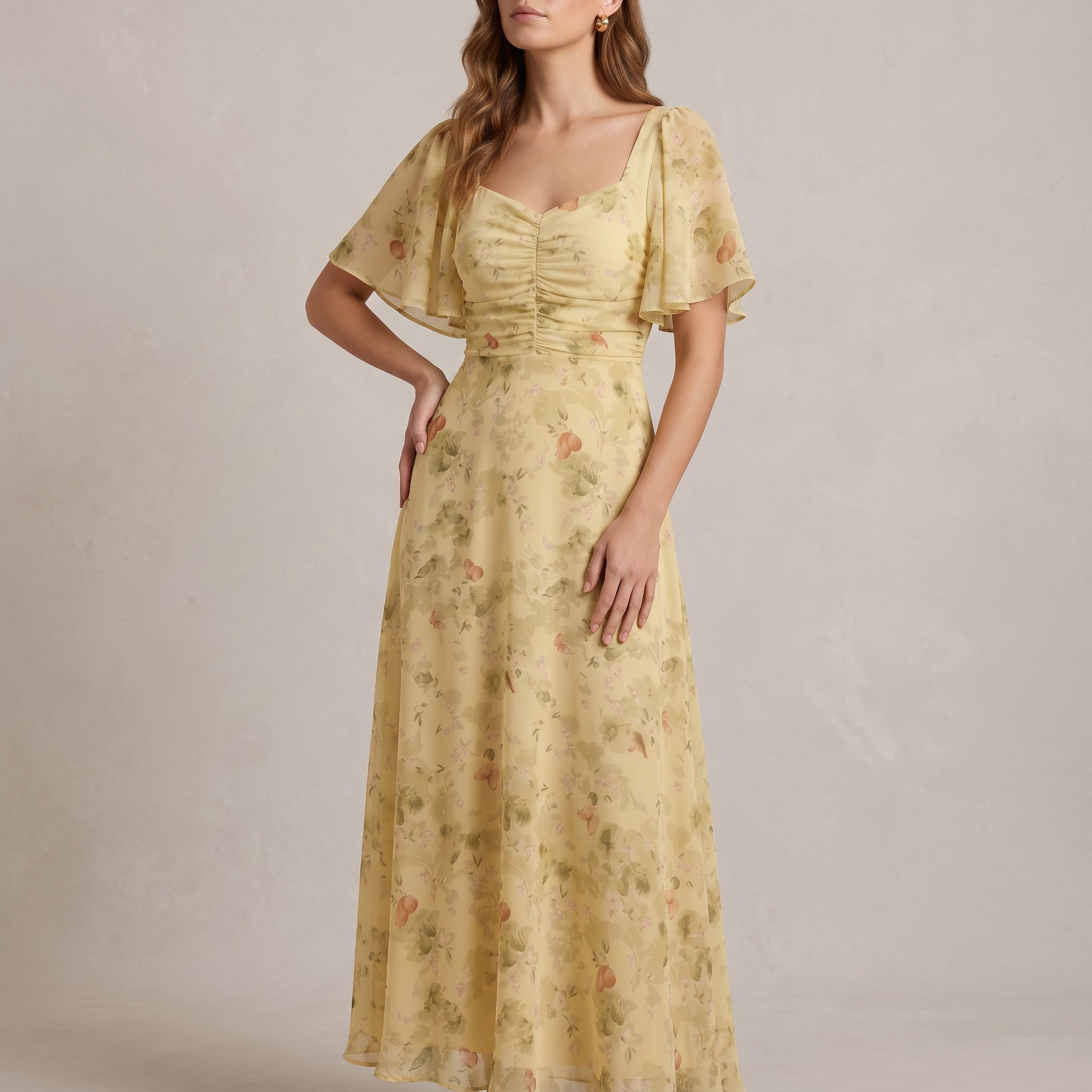 Elegant Floral Chiffon Fall Wedding Guest Dress for Women with Sweetheart Neck Flutter Sleeve Ruched Maxi Style