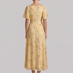 Elegant Floral Chiffon Fall Wedding Guest Dress for Women with Sweetheart Neck Flutter Sleeve Ruched Maxi Style