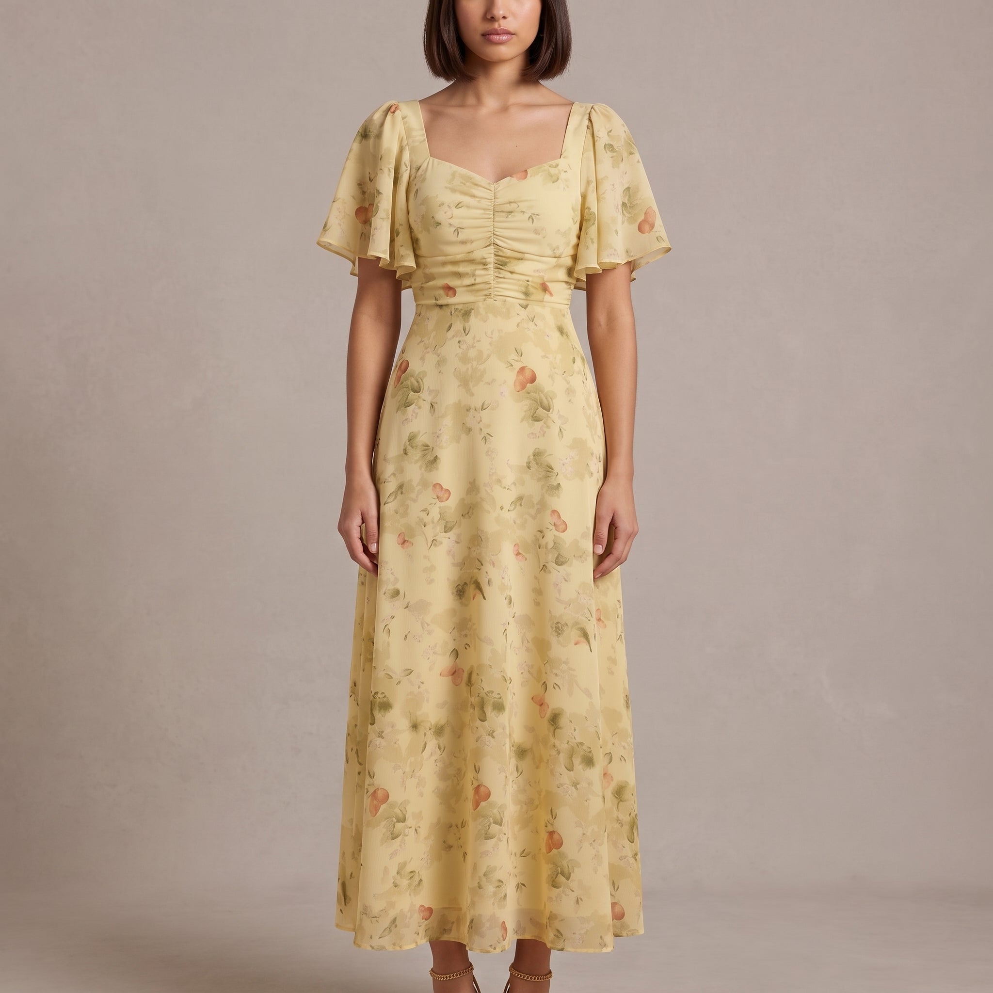 Elegant Floral Chiffon Fall Wedding Guest Dress for Women with Sweetheart Neck Flutter Sleeve Ruched Maxi Style
