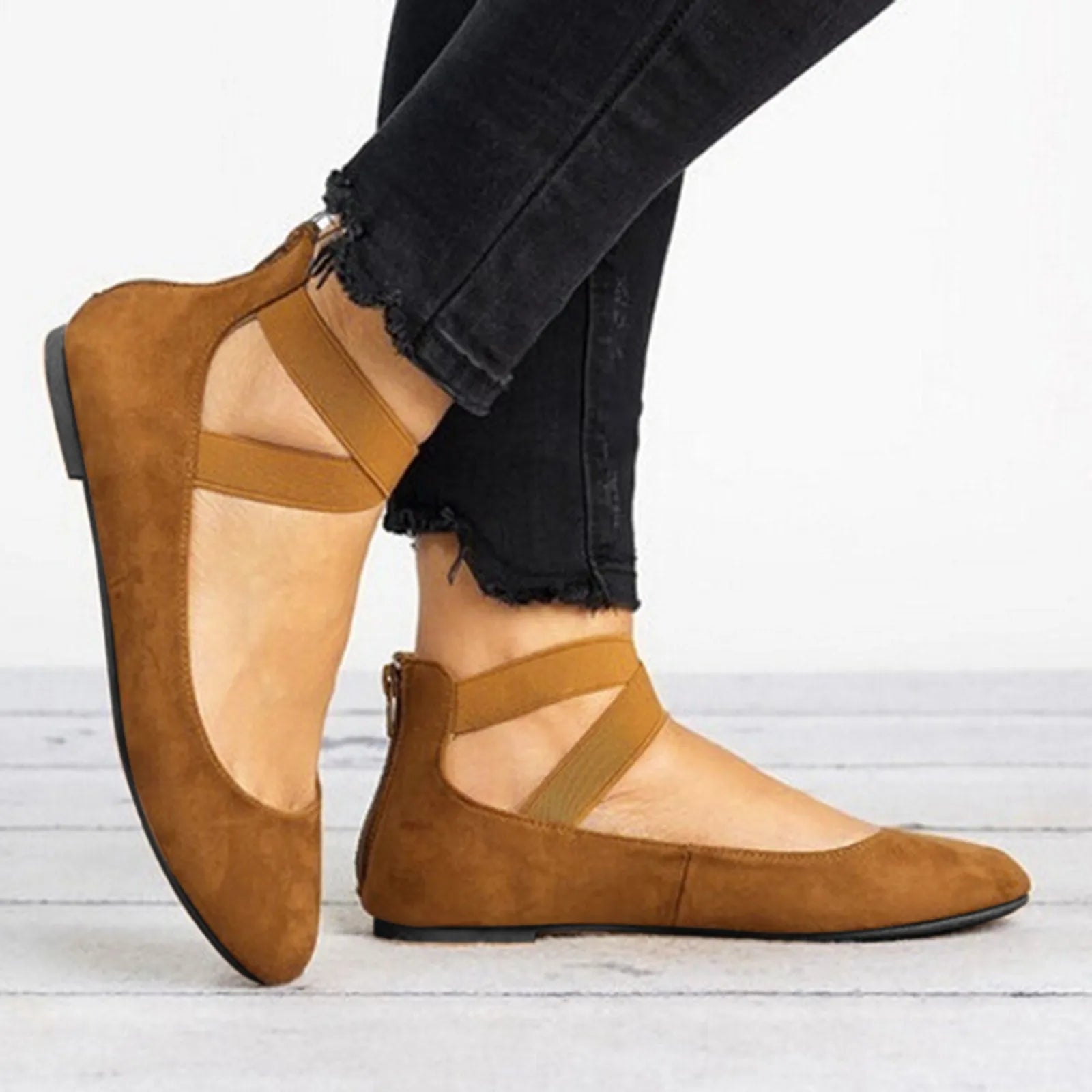 Comfortable Leather Flats for Women with Round Toe Cross Strap Slip On Ballet Wedge Style