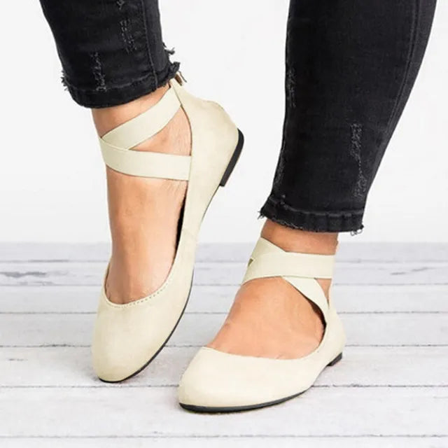 Comfortable Leather Flats for Women with Round Toe Cross Strap Slip On Ballet Wedge Style