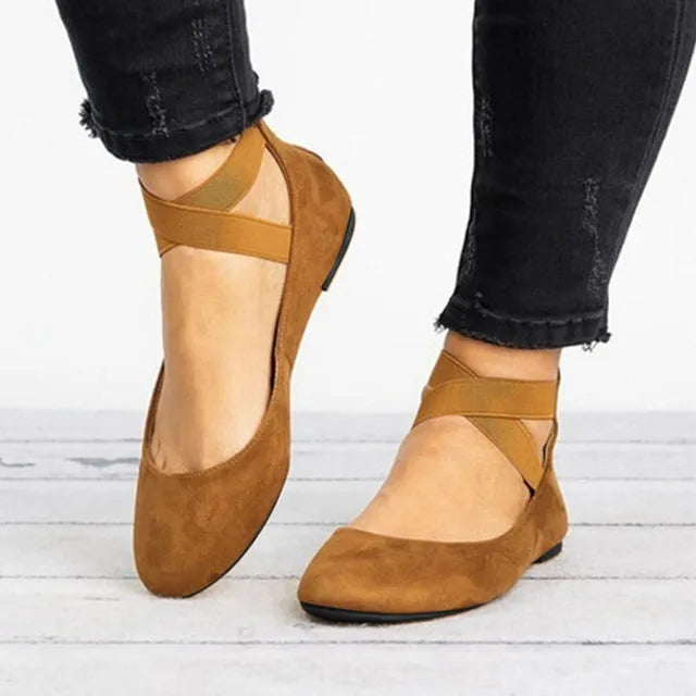 Comfortable Leather Flats for Women with Round Toe Cross Strap Slip On Ballet Wedge Style