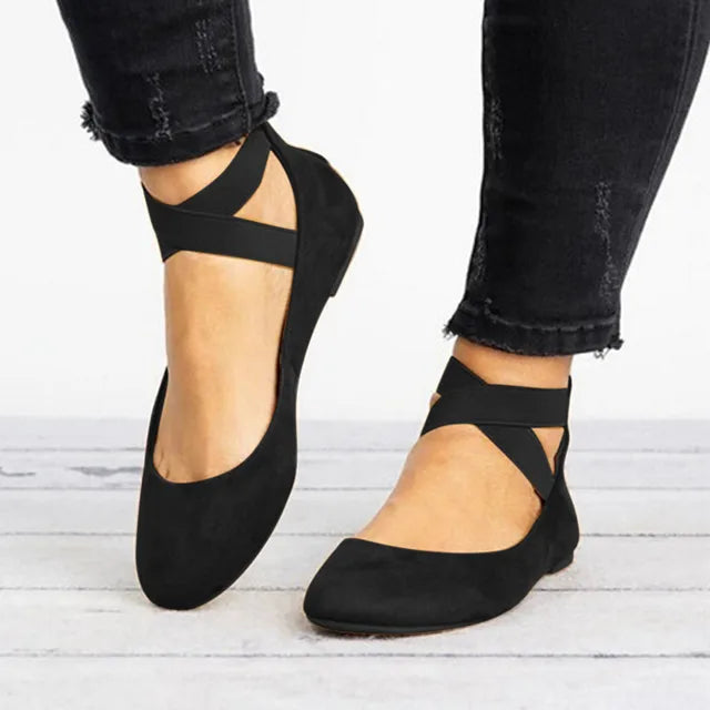 Comfortable Leather Flats for Women with Round Toe Cross Strap Slip On Ballet Wedge Style