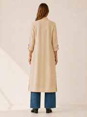 Elegant Long Trench Coat for Women with Open Front Roll Tab Sleeve Belted Waist Classic Style