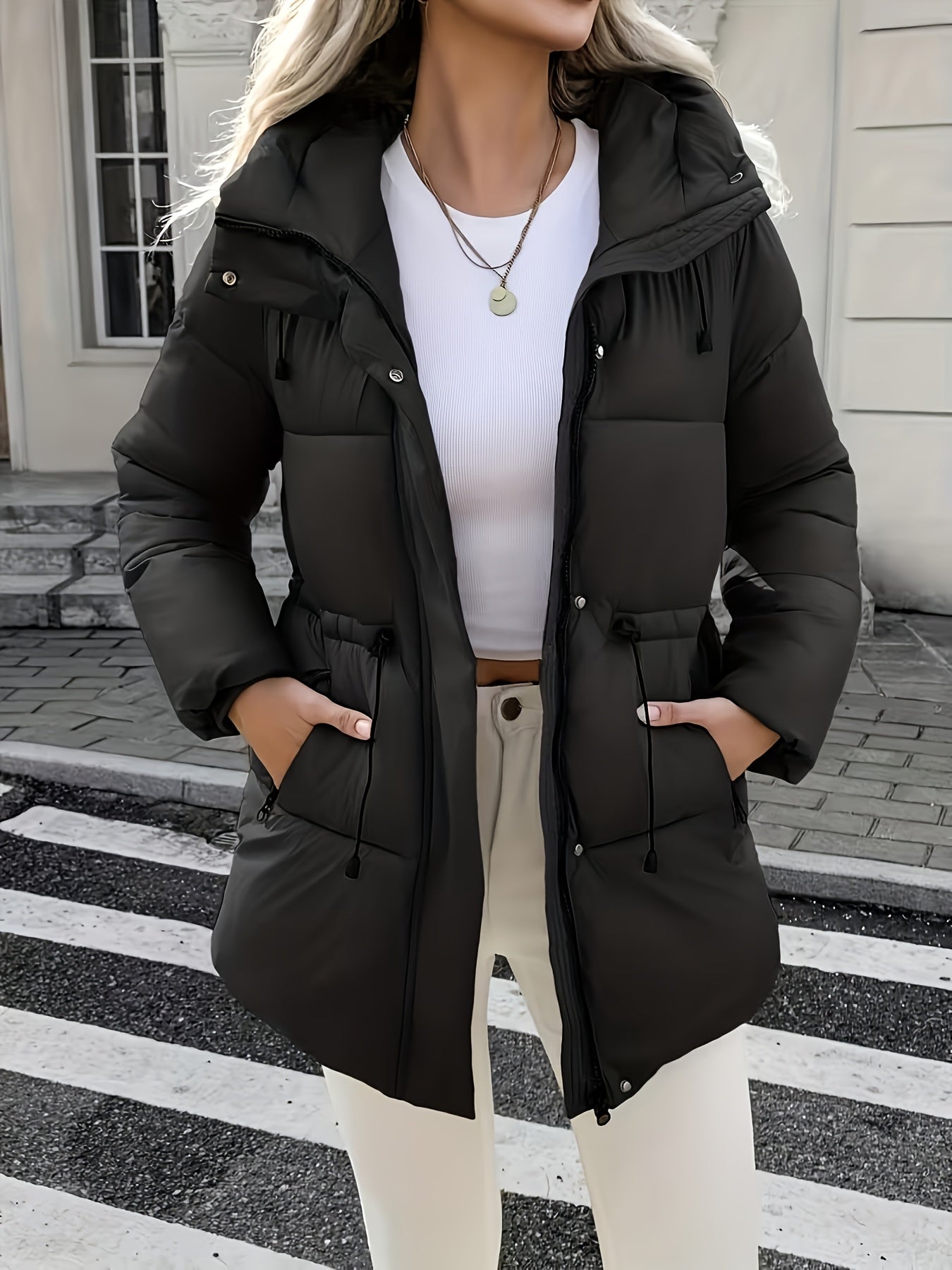 Cozy Quilted Ski Jacket for Women with Hooded Long Sleeve Drawstring Waist Zip Pocket Style