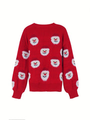 Cozy Red Santa Print Christmas Tacky Sweater for Women with Crew Neck Long Sleeve Oversized Knit Style