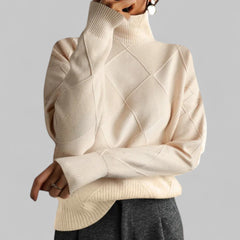 Cozy Black Oversized Sweater for Women with Turtleneck Long Sleeve Diamond Knit Relaxed Pullover Style