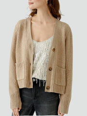 Cozy Beige Knit Cardigan for Women with V Neck Long Sleeve Button Front Patch Pocket Style