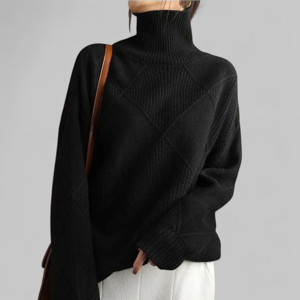 Cozy Black Oversized Sweater for Women with Turtleneck Long Sleeve Diamond Knit Relaxed Pullover Style