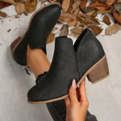 Comfortable Booties for Women with Round Toe Side Zip Block Heel V Cut Ankle Style