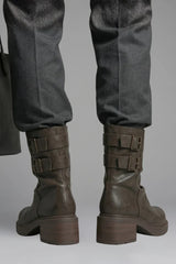 Comfortable Wide Calf Boots for Women with Fold Over Cuff Buckle Block Heel Mid Calf Style
