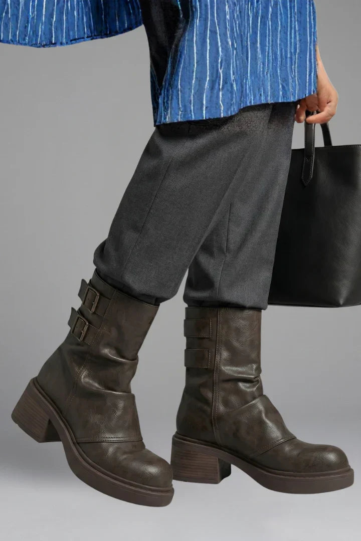 Comfortable Wide Calf Boots for Women with Fold Over Cuff Buckle Block Heel Mid Calf Style