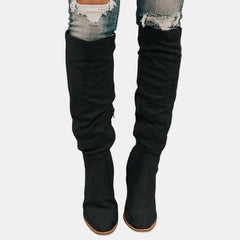 Stylish Suede Knee High Boots for Women with Ruched Block Heel Slouchy Style