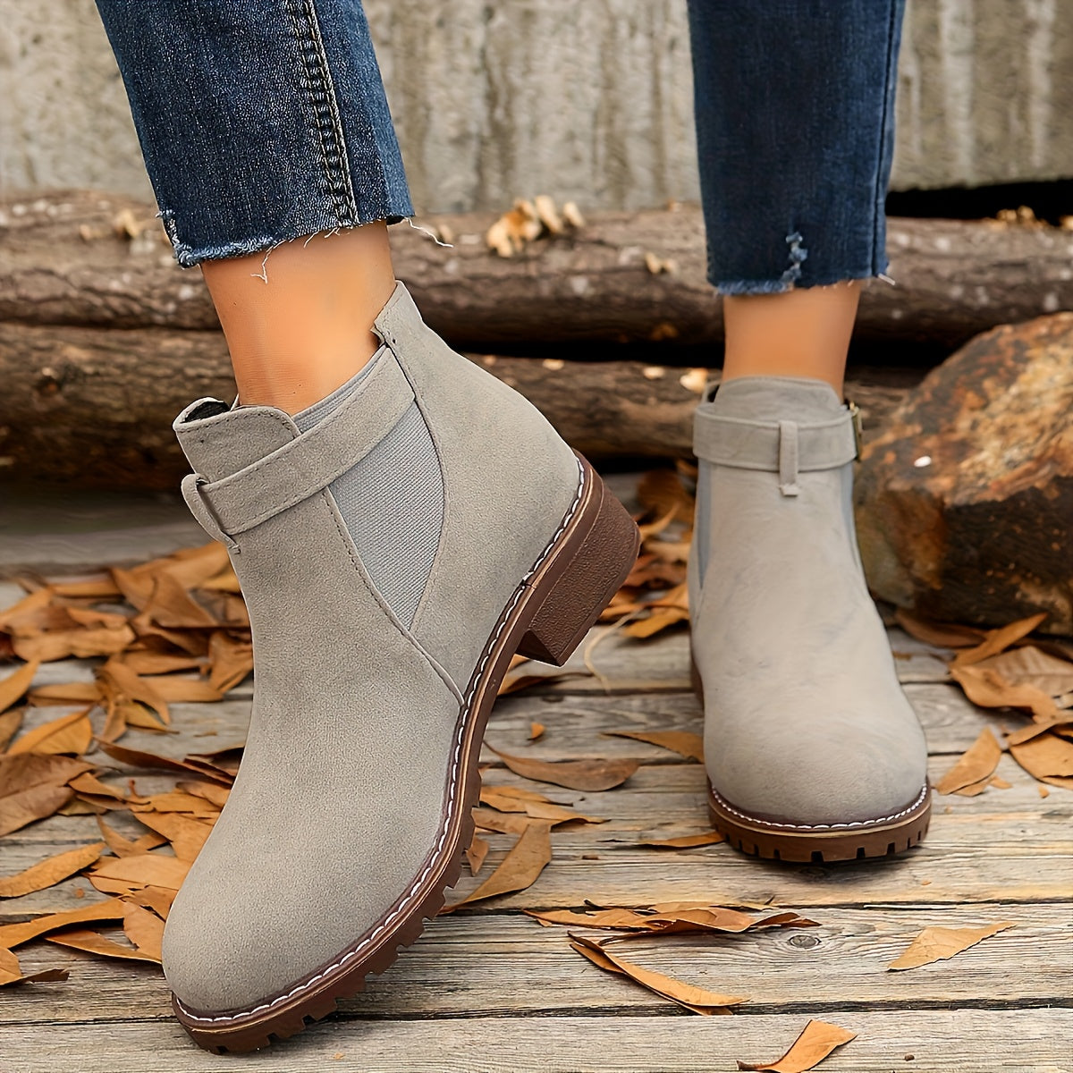 Chic Chelsea Ankle Boots for Women with Buckle Strap Block Heel Round Toe Style