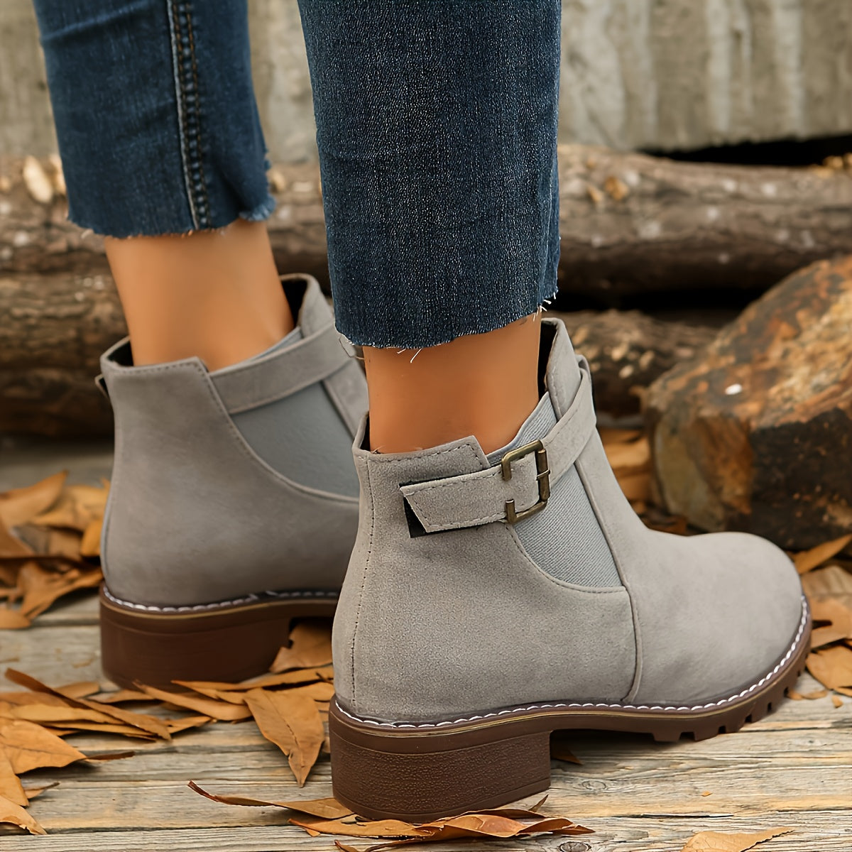 Chic Chelsea Ankle Boots for Women with Buckle Strap Block Heel Round Toe Style