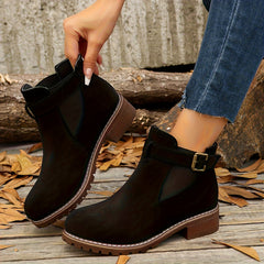 Chic Chelsea Ankle Boots for Women with Buckle Strap Block Heel Round Toe Style