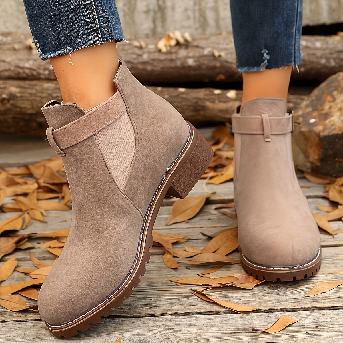 Chic Chelsea Ankle Boots for Women with Buckle Strap Block Heel Round Toe Style