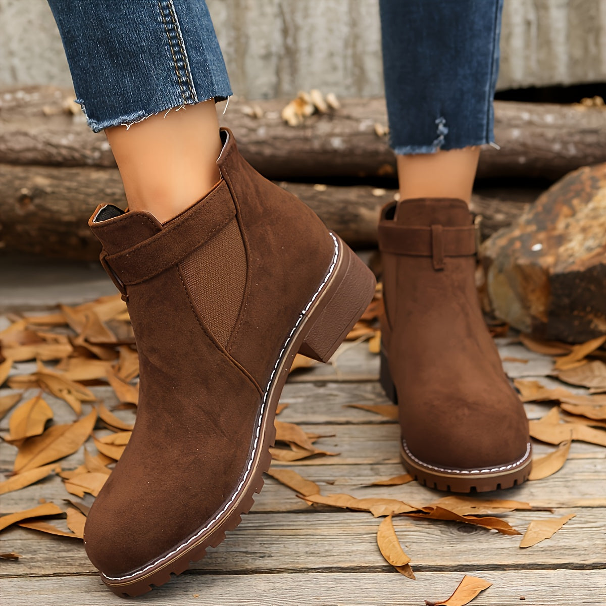 Chic Chelsea Ankle Boots for Women with Buckle Strap Block Heel Round Toe Style