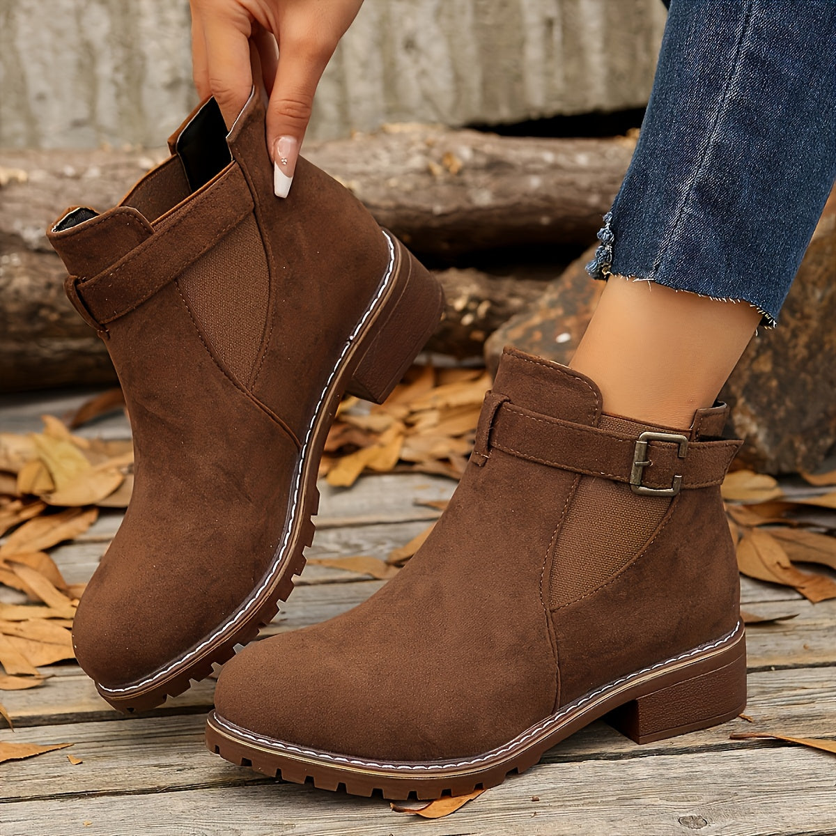 Chic Chelsea Ankle Boots for Women with Buckle Strap Block Heel Round Toe Style