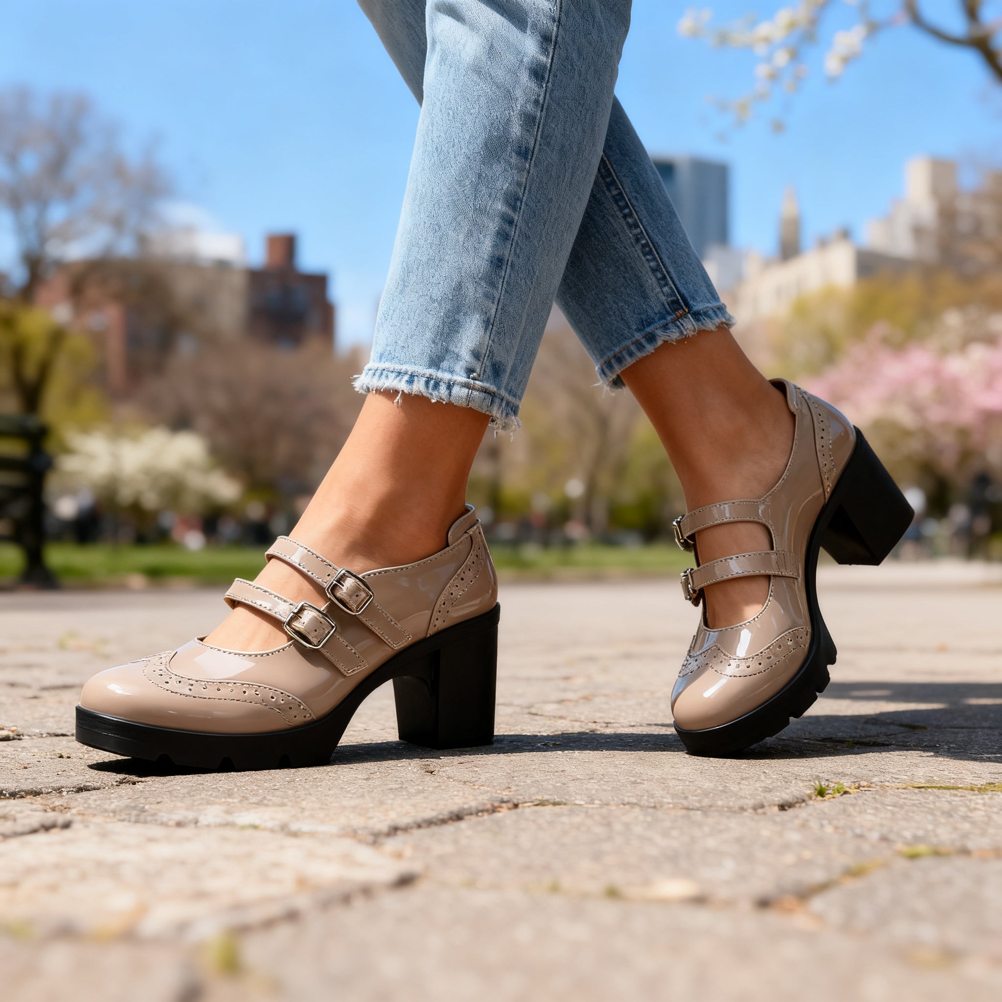 Chic Leather Mary Jane Shoes for Women with Round Toe Double Strap Platform Block Heel Brogue Style
