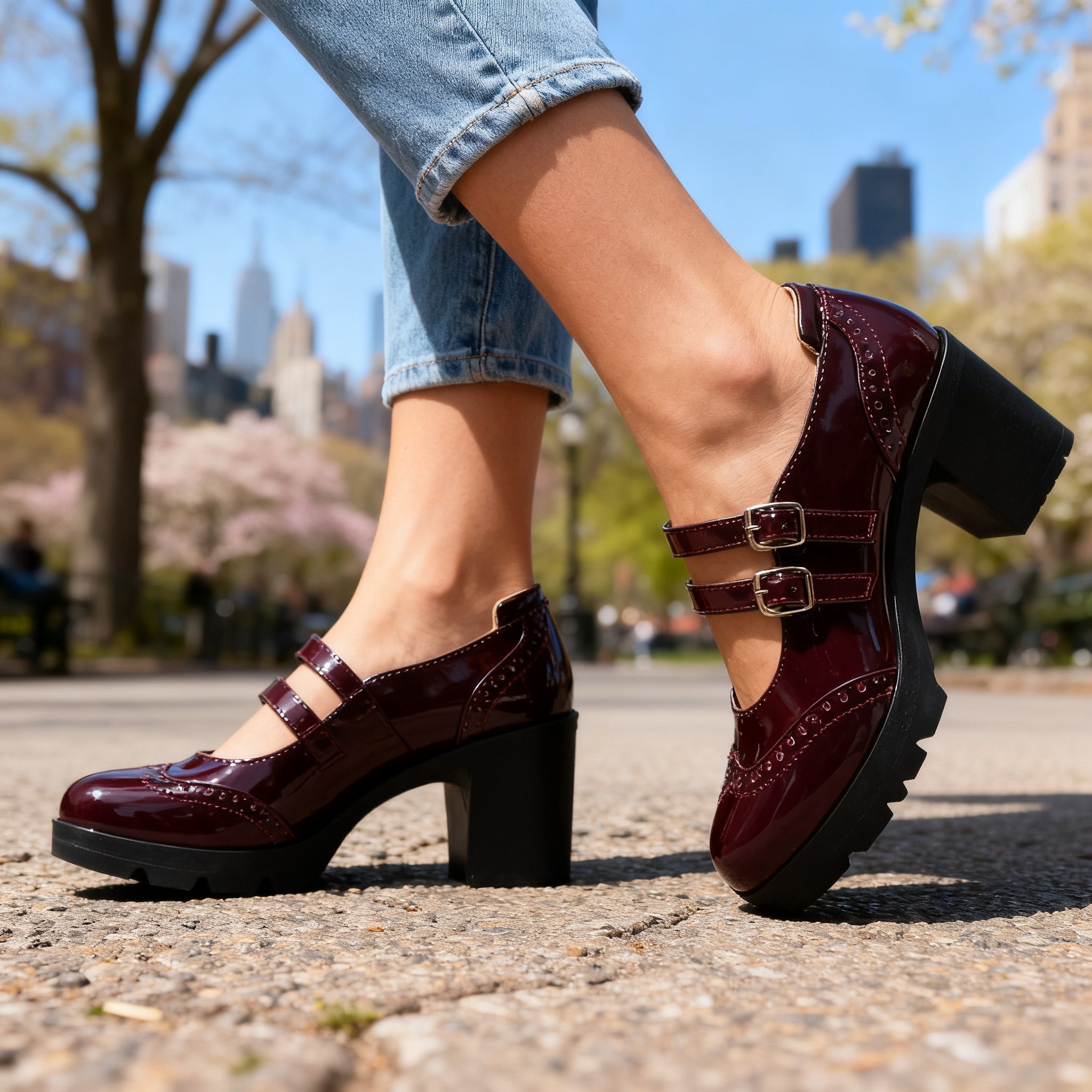 Chic Leather Mary Jane Shoes for Women with Round Toe Double Strap Platform Block Heel Brogue Style