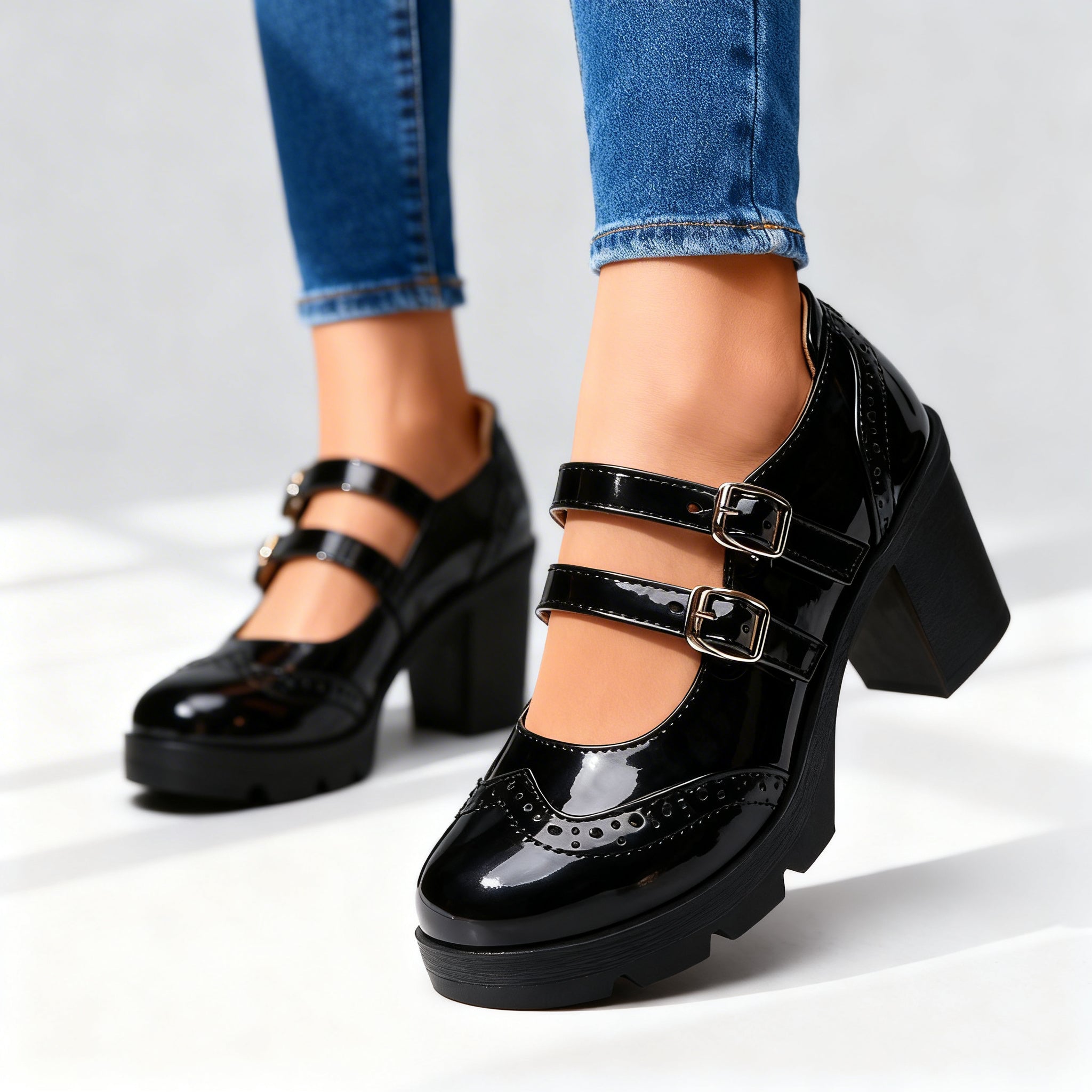 Chic Leather Mary Jane Shoes for Women with Round Toe Double Strap Platform Block Heel Brogue Style