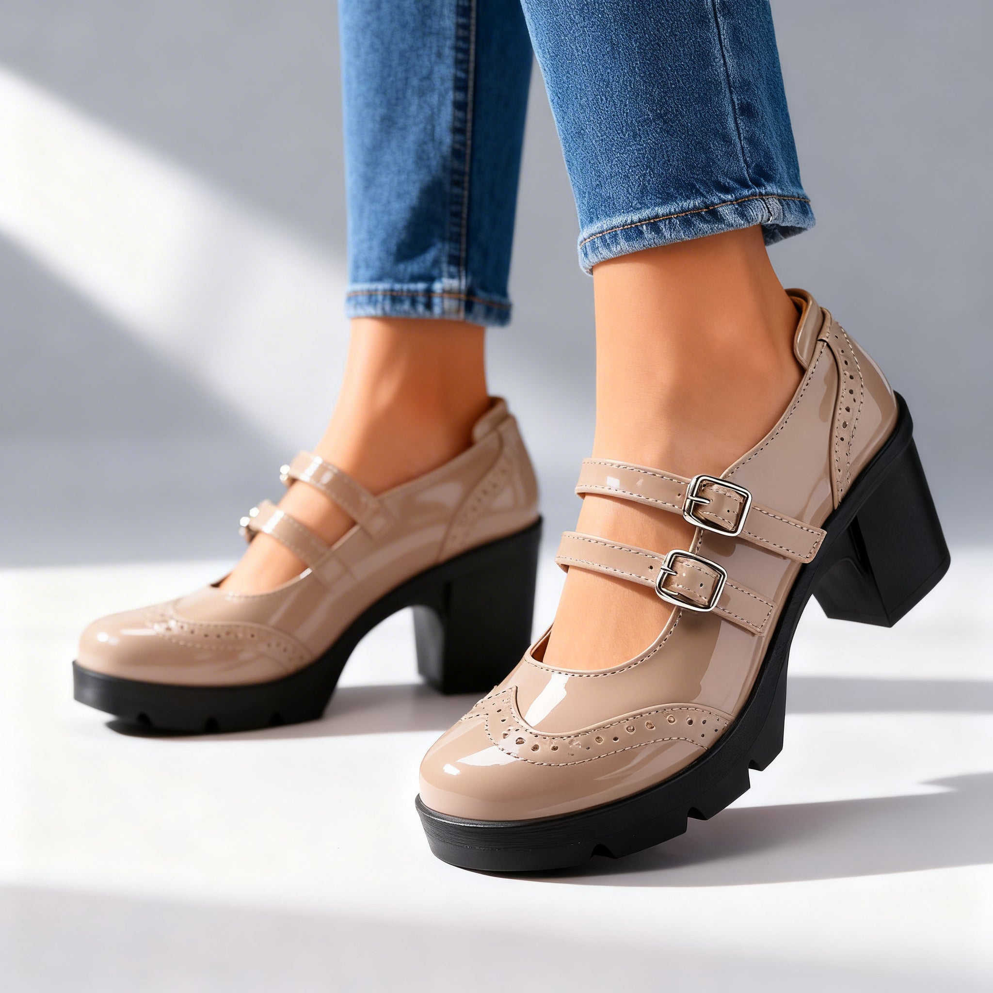 Chic Leather Mary Jane Shoes for Women with Round Toe Double Strap Platform Block Heel Brogue Style