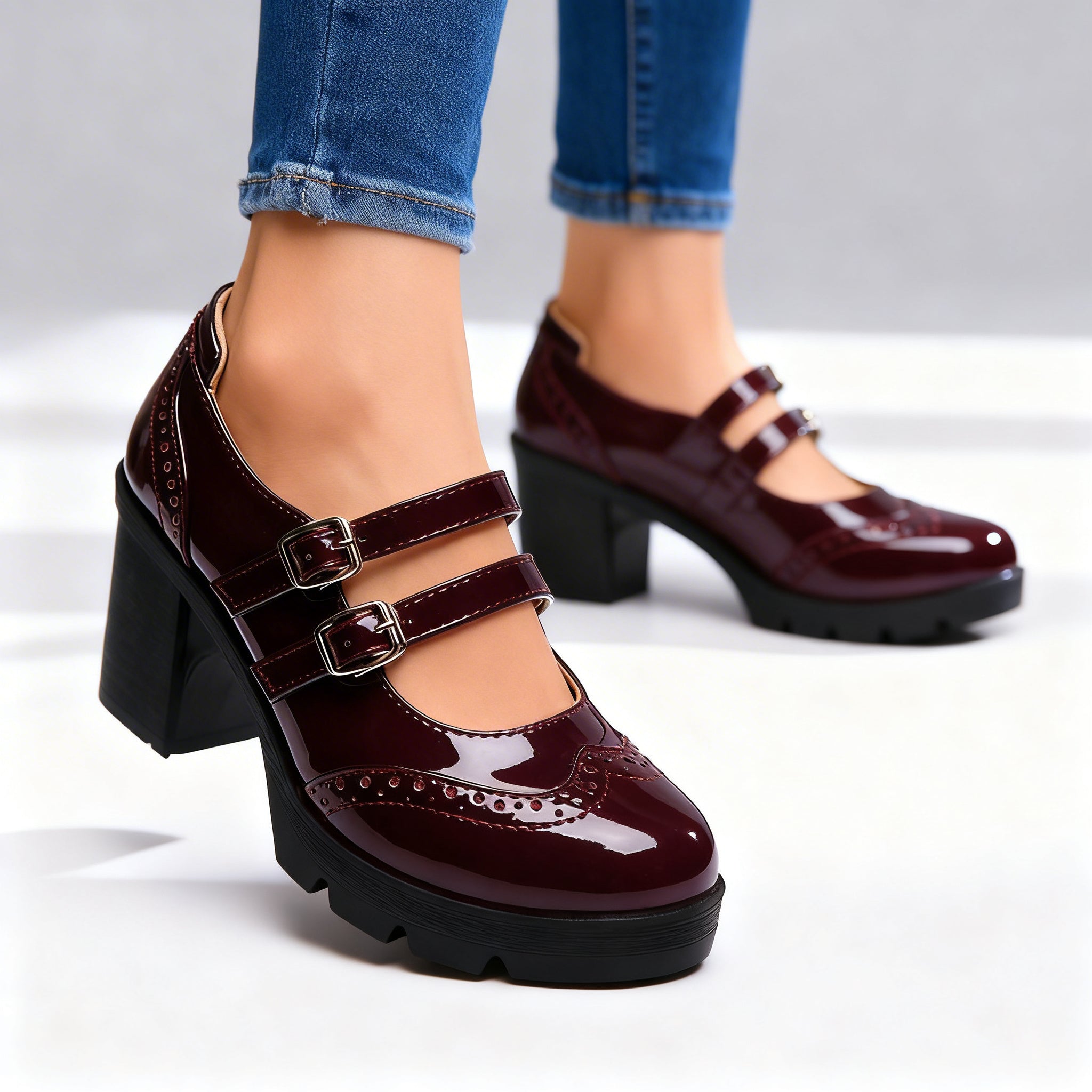 Chic Leather Mary Jane Shoes for Women with Round Toe Double Strap Platform Block Heel Brogue Style