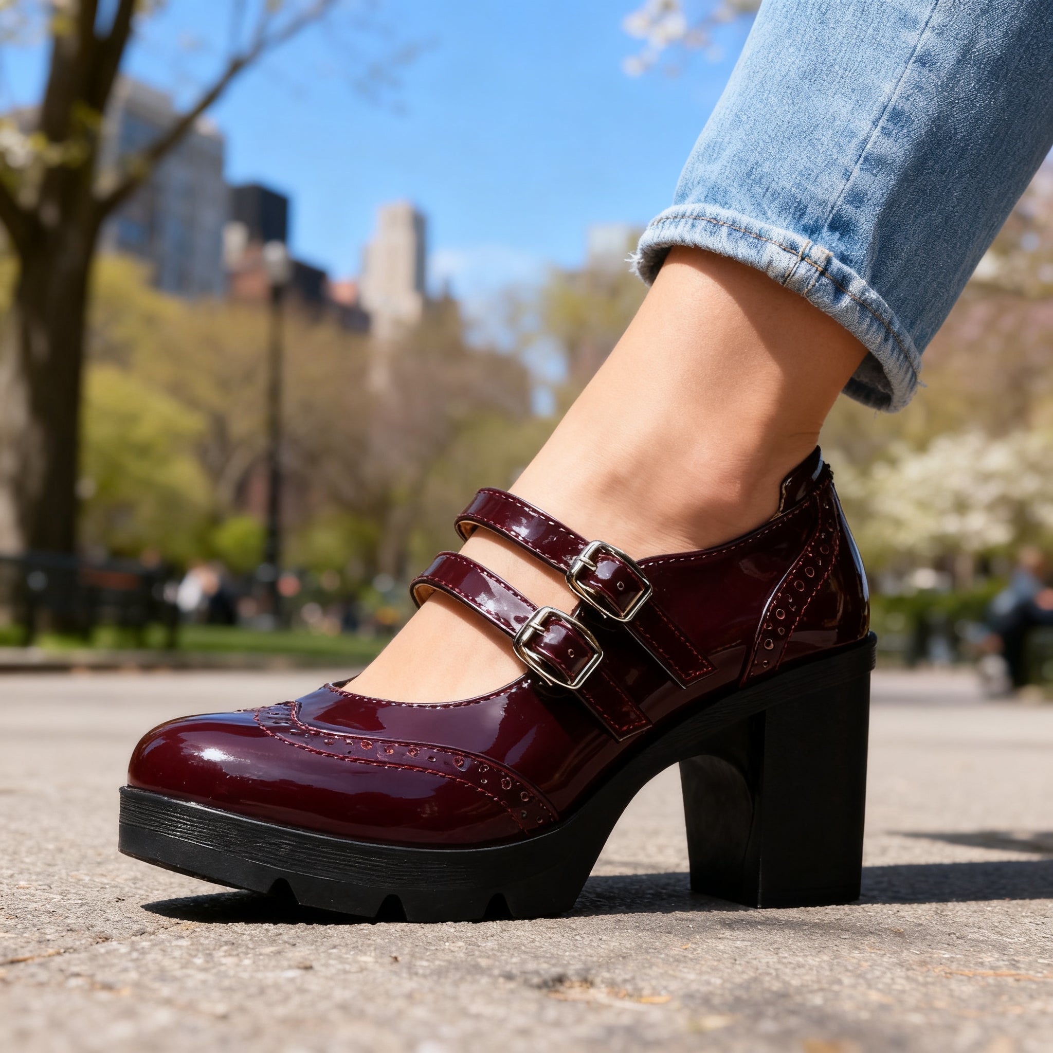 Chic Leather Mary Jane Shoes for Women with Round Toe Double Strap Platform Block Heel Brogue Style